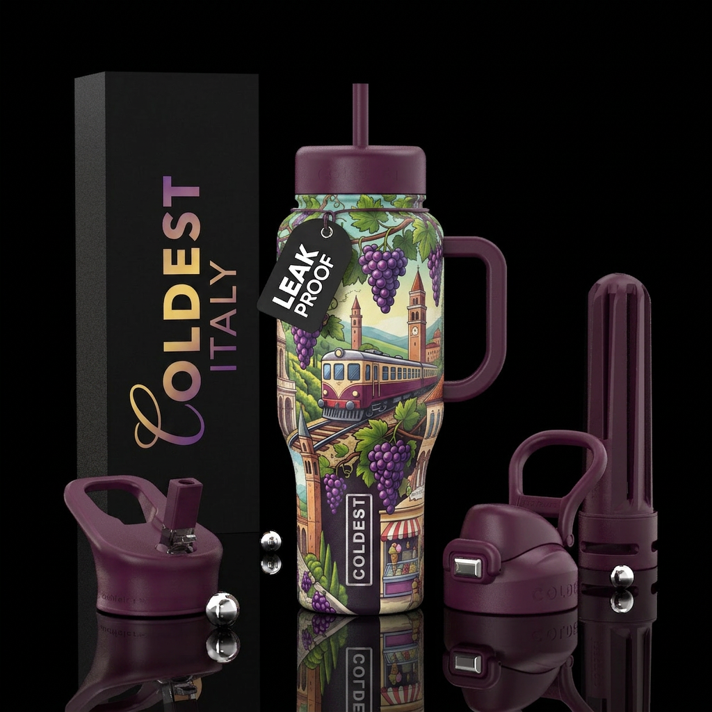 Grape vines, Gelato, train, italy water bottle design