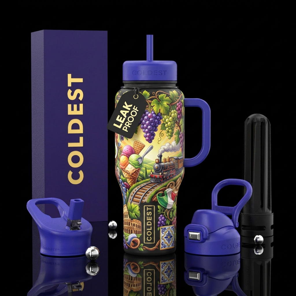 Grape vines, Gelato, train, italy water bottle design