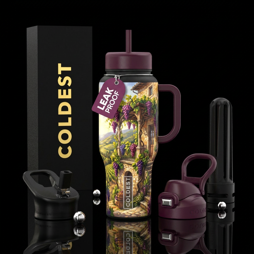 Grape vines on gazebo outside of a house on the si... water bottle design