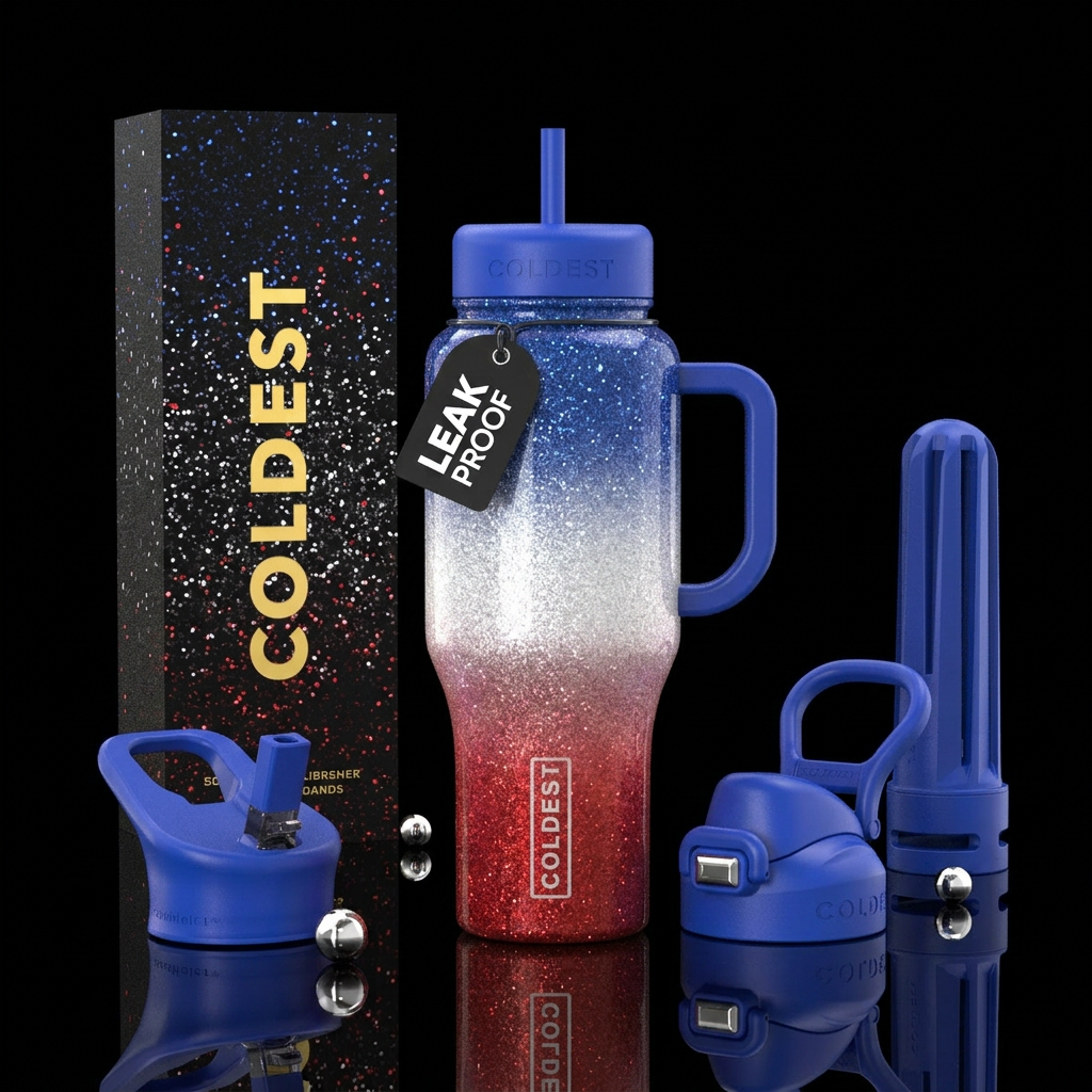 Red white and blue glitter ombre water bottle design