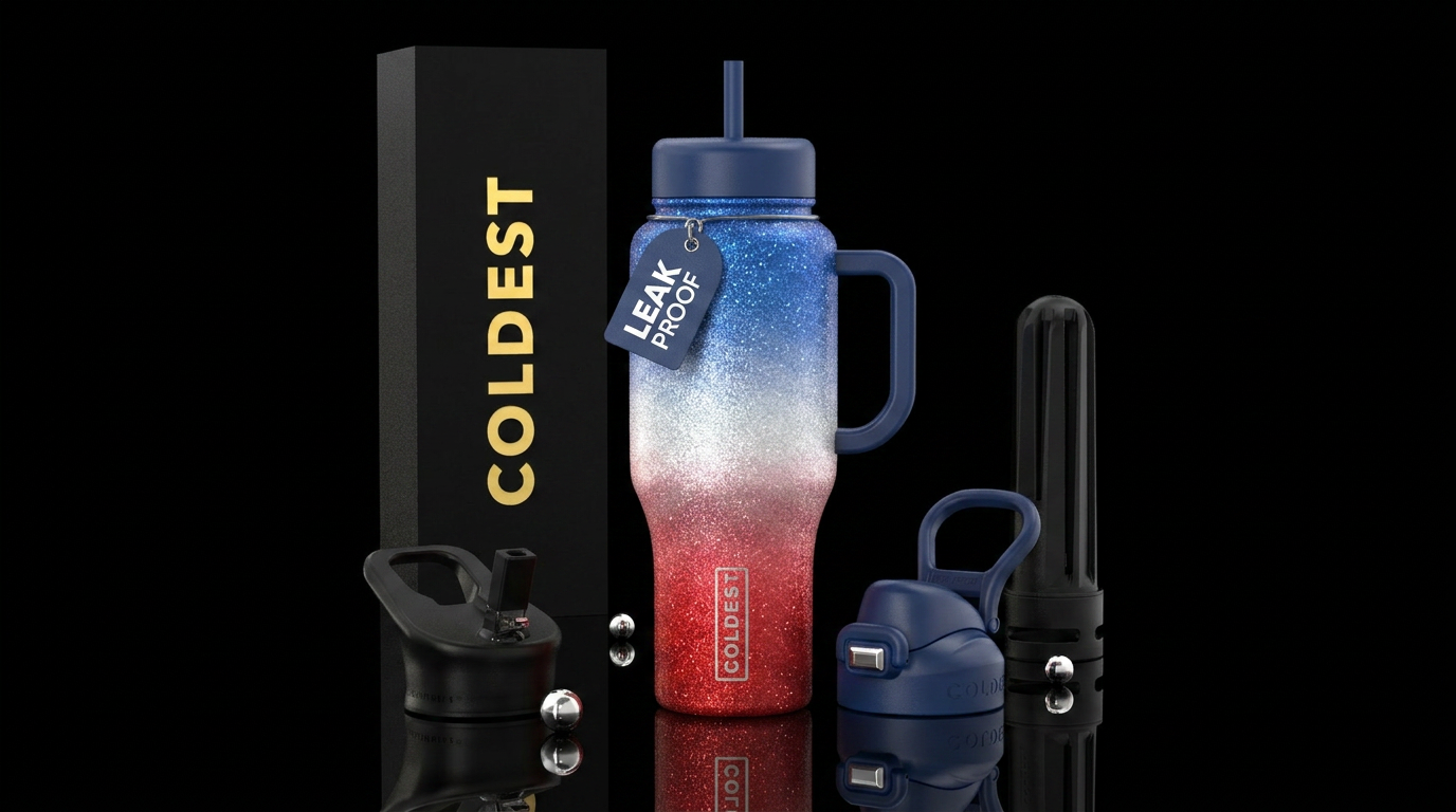 Red white and blue glitter ombre water bottle design