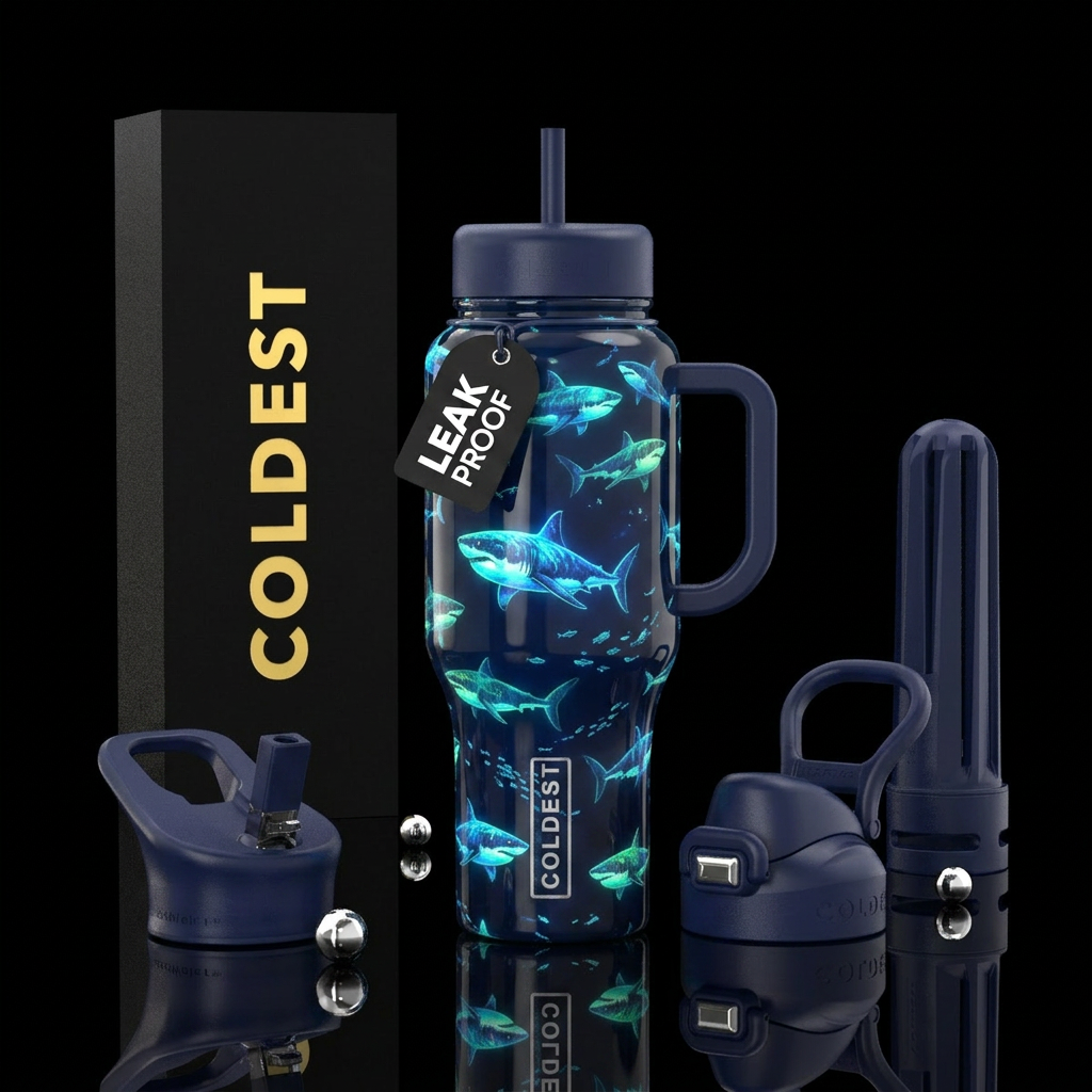 Glow in the dark sharks water bottle design