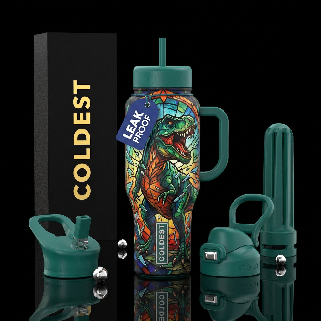 Stained glass dinosaur design with a dinosaur brea... water bottle design