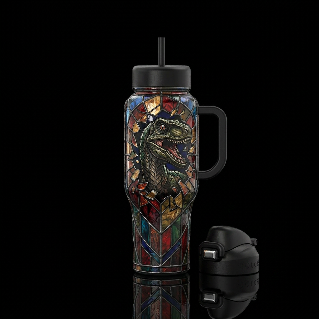 Stained glass dinosaur design with a dinosaur brea... water bottle design