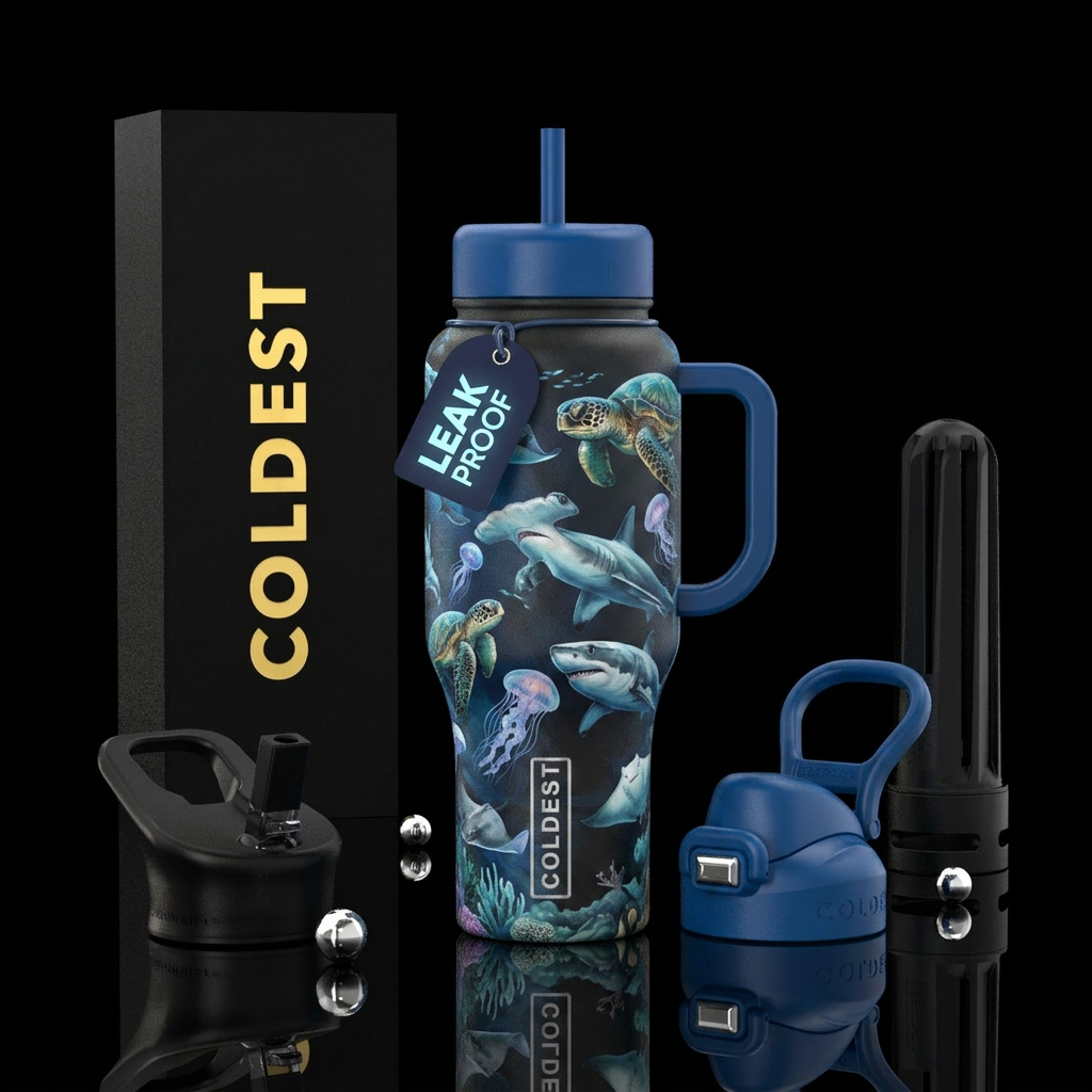 Sea turtles, sharks, jellyfish, stingrays water bottle design