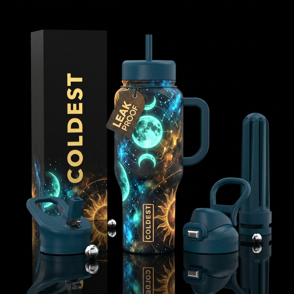 Abstract glow in the dark moon and sun water bottle design