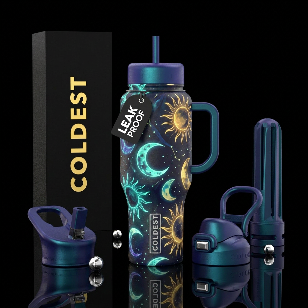 Abstract glow in the dark moon and sun water bottle design