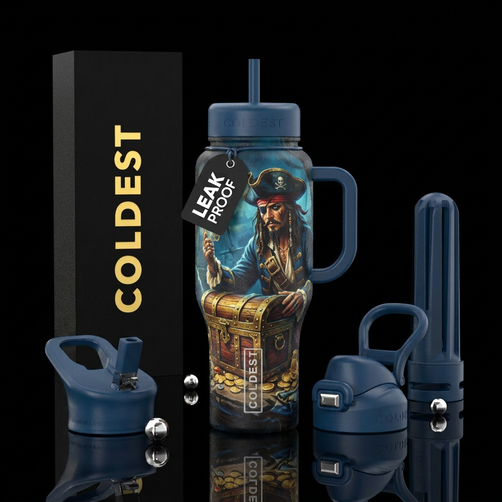 Pirate with treasure chest water bottle design