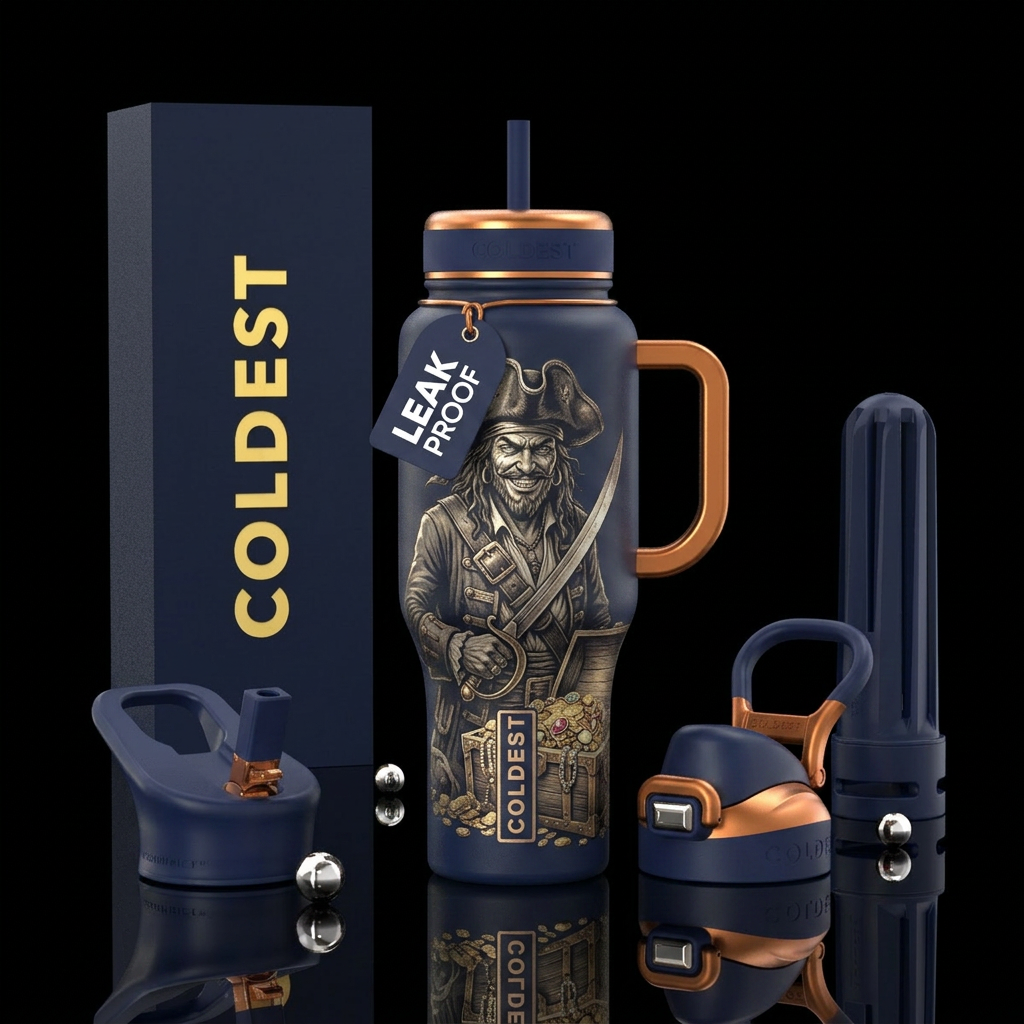 Pirate with treasure chest water bottle design
