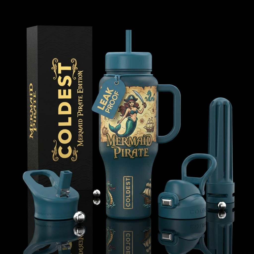 Mermaid pirate caption water bottle design