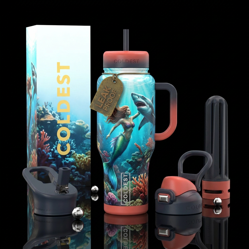Mermaid fighting shark water bottle design