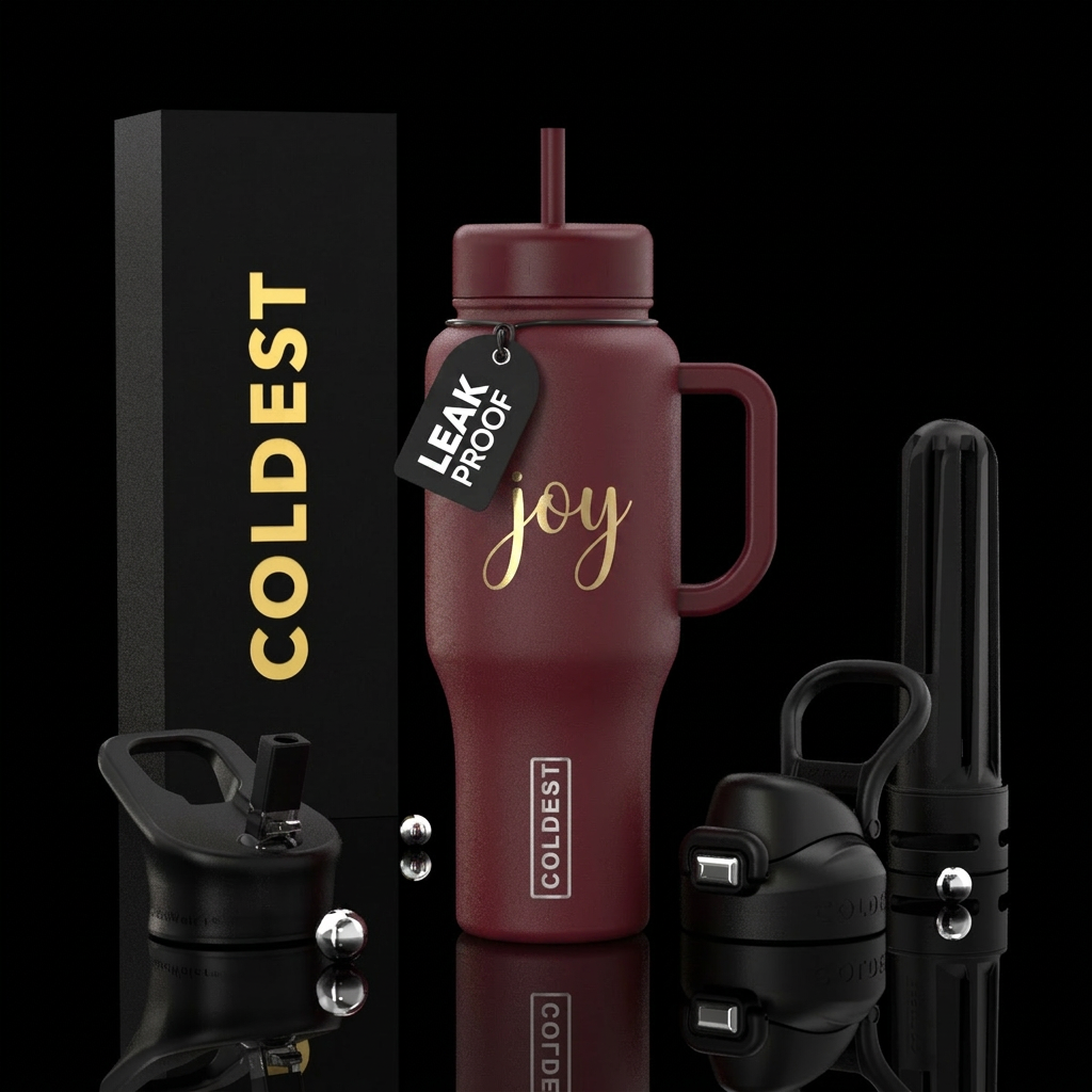 Solid maroon design with the word joy. Christmas t... water bottle design