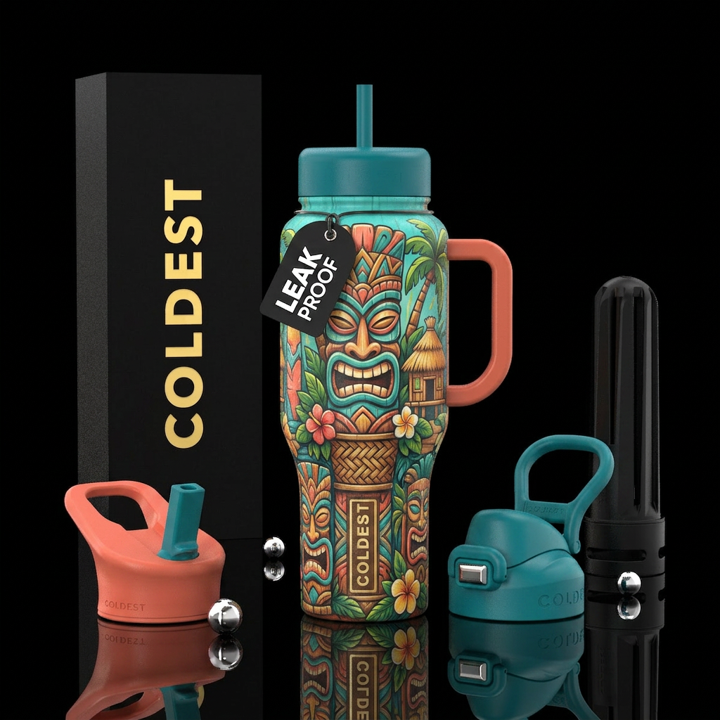 Tiki tower with tiki hut summer design water bottle design
