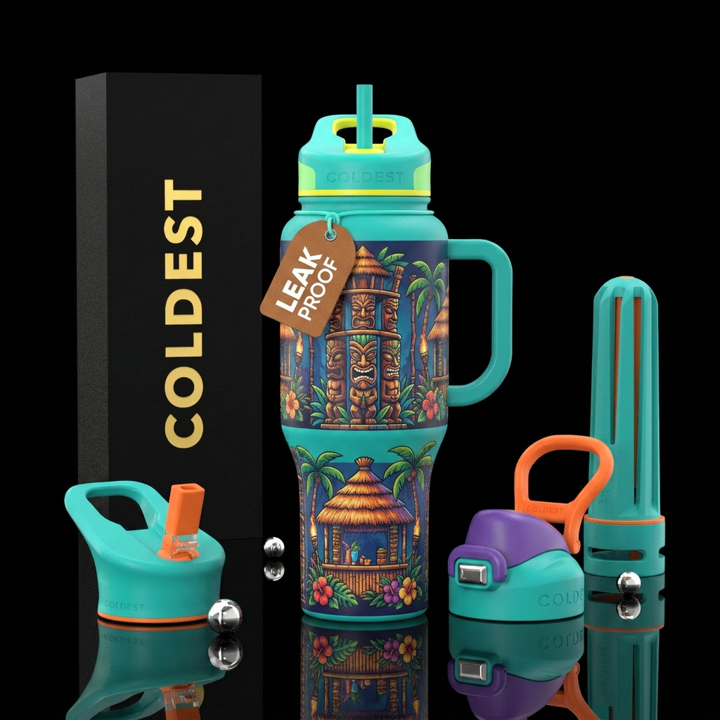 Tiki tower with tiki hut summer design water bottle design