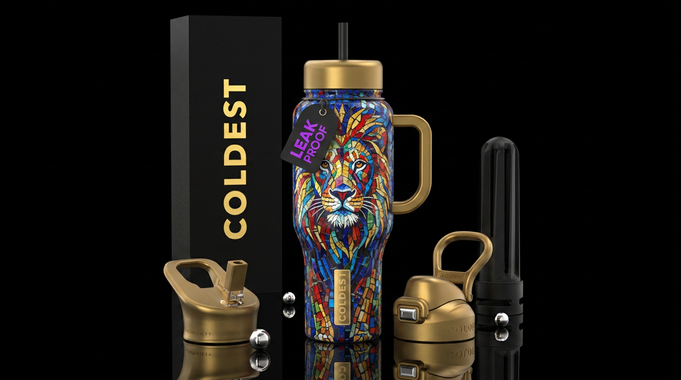 Mosaic lion water bottle design