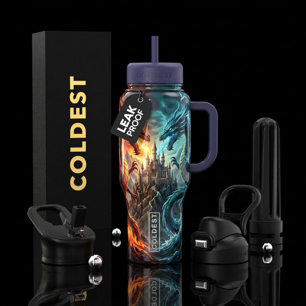 Water and fire dragons dueling over a castle water bottle design