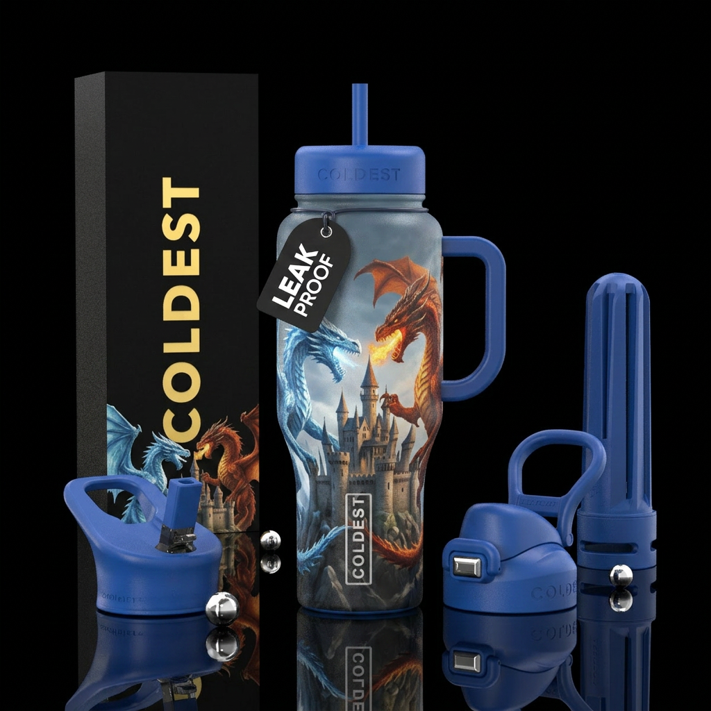 Ice dragon vs fire dragon fighting over castle water bottle design