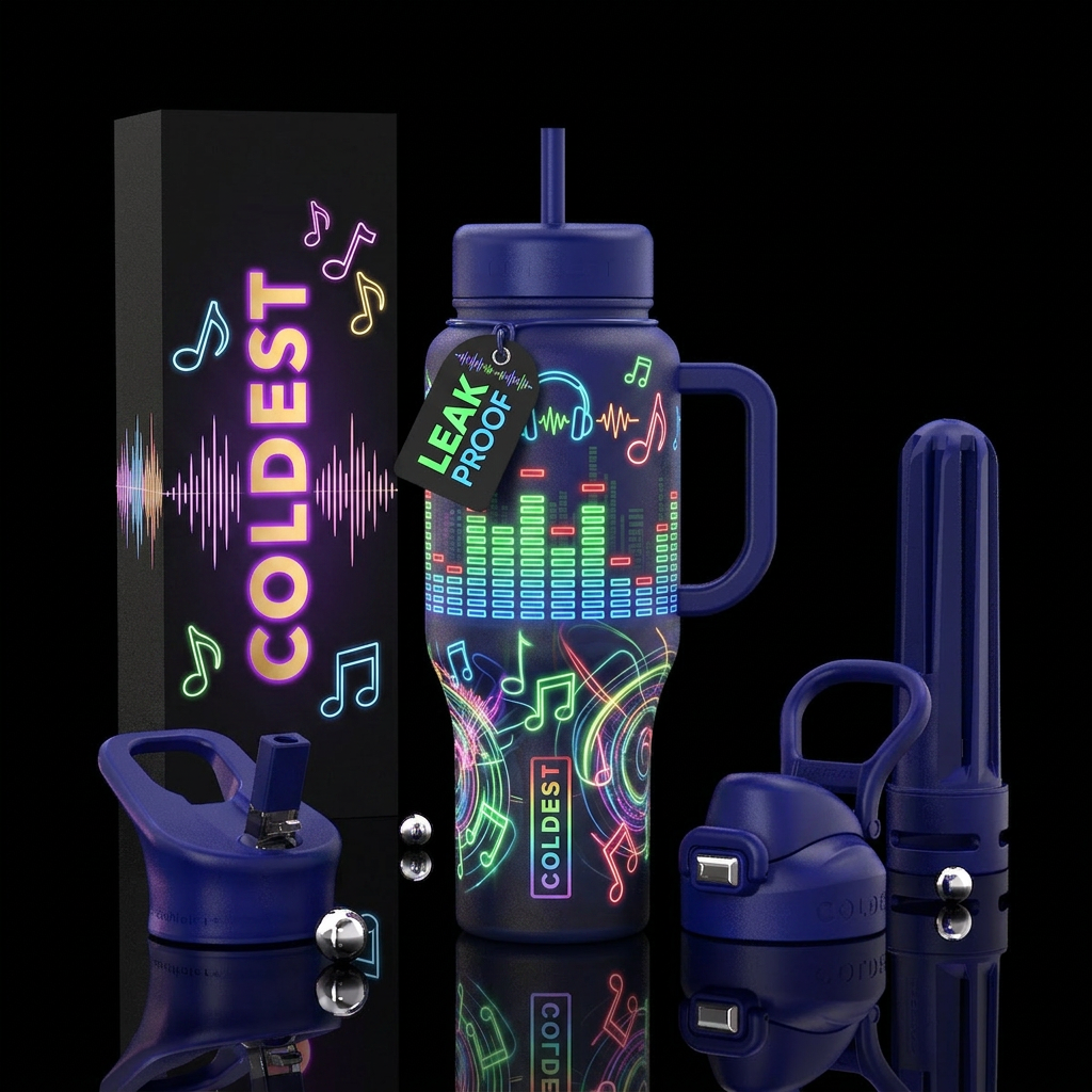 Music with glow in the dark beat neon colors water bottle design