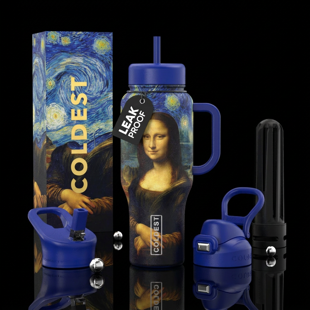 Mona Lisa with a starry night background inspired ... water bottle design