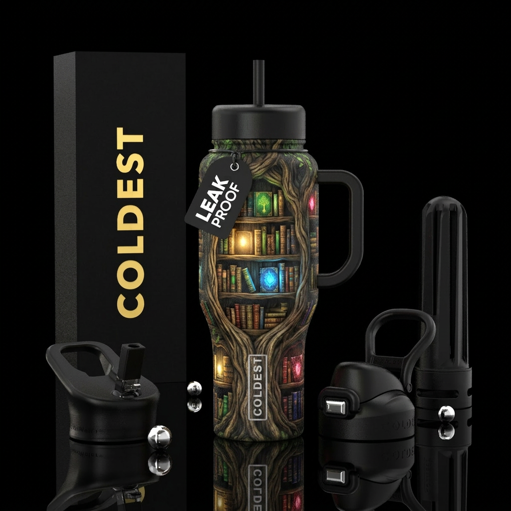 Enchanted forest with multiple trees. Each tree ha... water bottle design