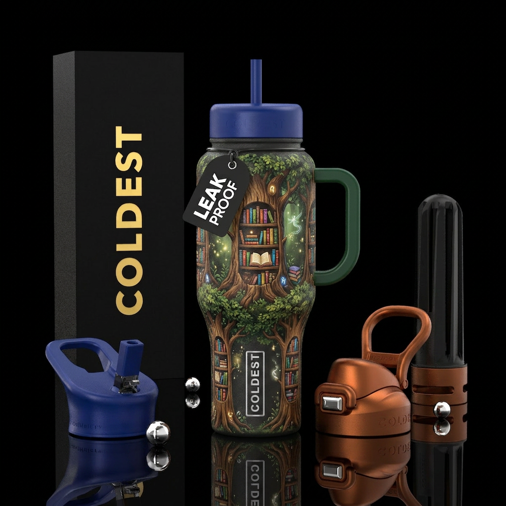 Enchanted forest with multiple trees. Each tree ha... water bottle design
