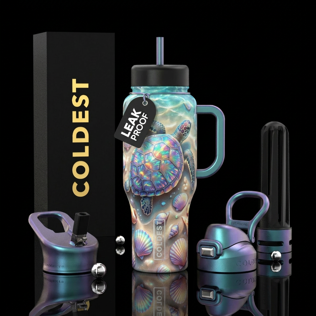 Turtle on a beach surrounded by glowing seashells.... water bottle design