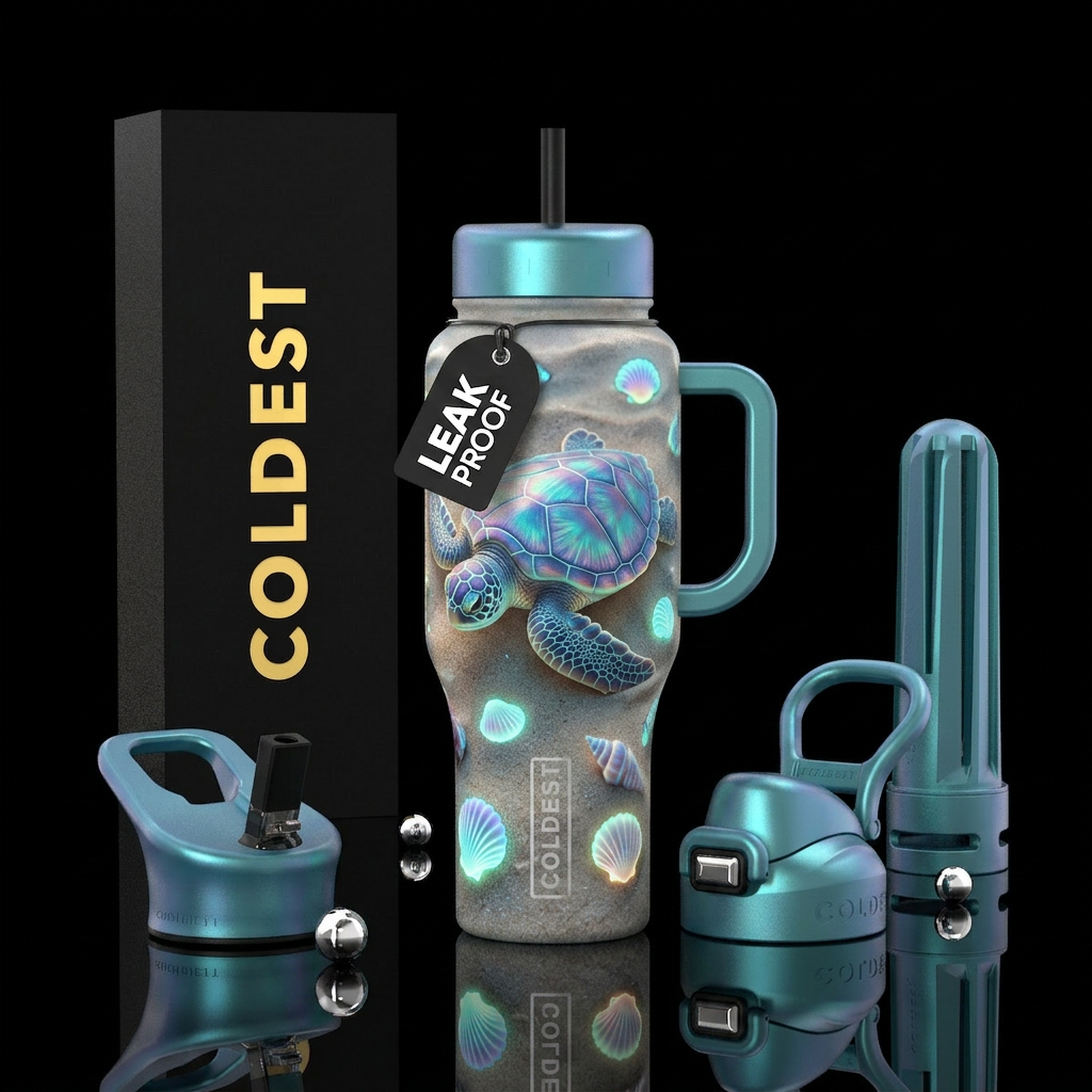 Turtle on a beach surrounded by glowing seashells.... water bottle design