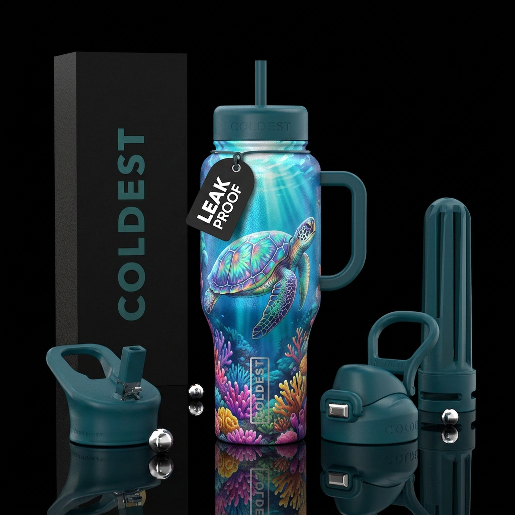 Opal turtle shell, sea turtle in the ocean with br... water bottle design