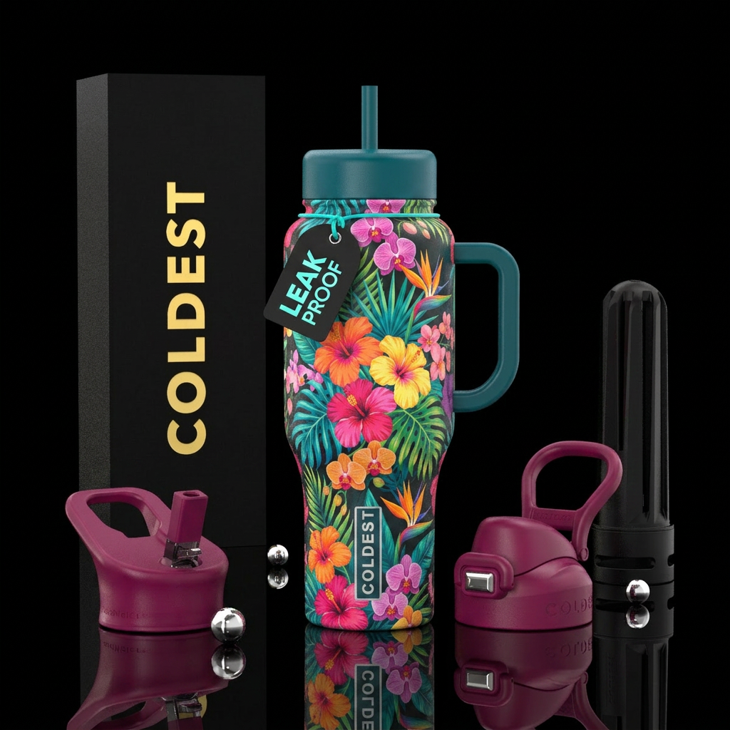 Vibrant tropical flowers water bottle design