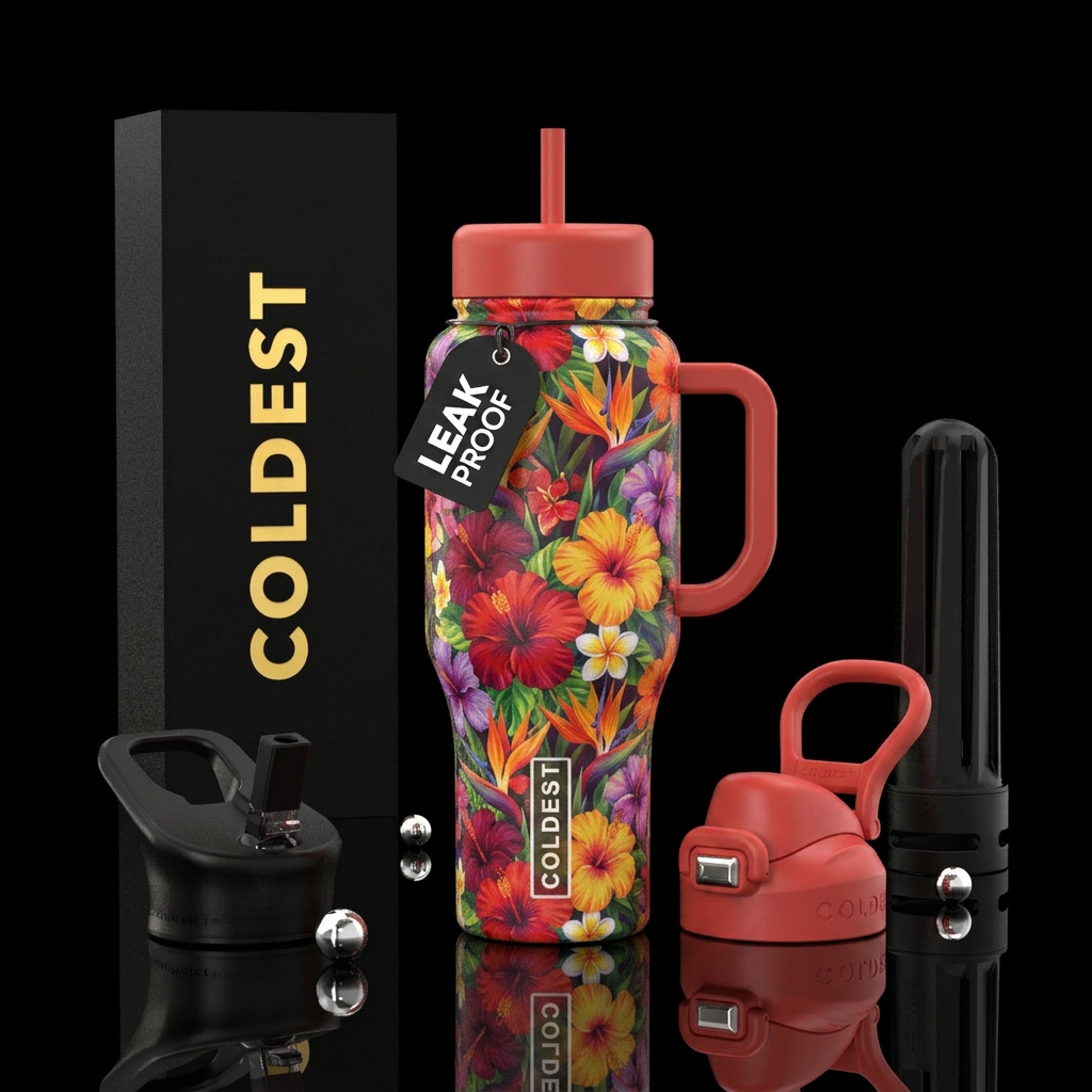 Vibrant tropical flowers water bottle design