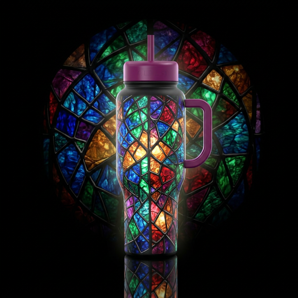 Glow in the dark stained glass water bottle design