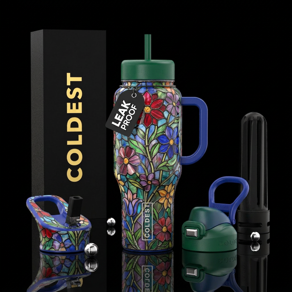 Stained glass mosaic floral water bottle design