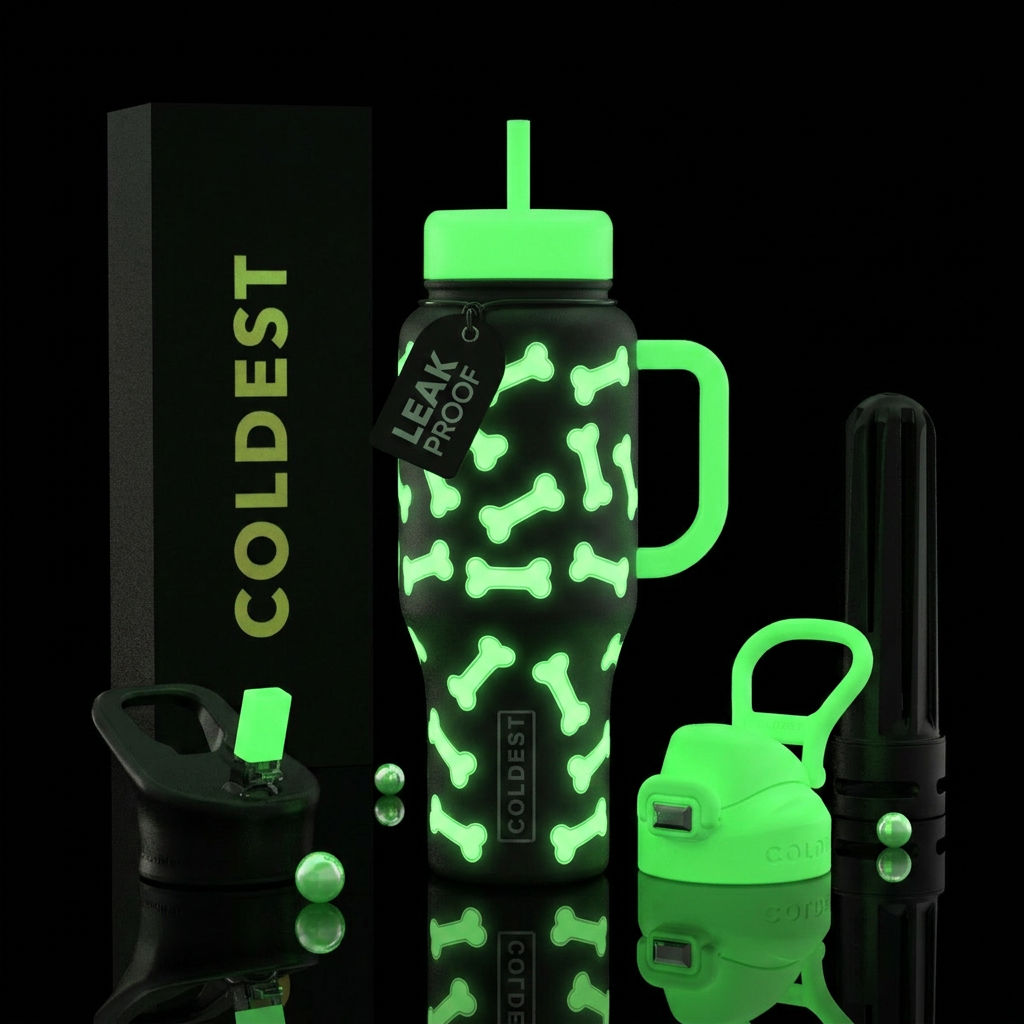 Dog treat bones glow in the dark water bottle design