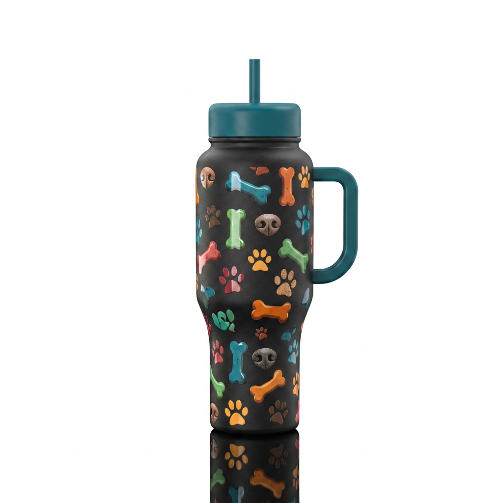 Dog bone treats, paw prints, dog nose prints water bottle design