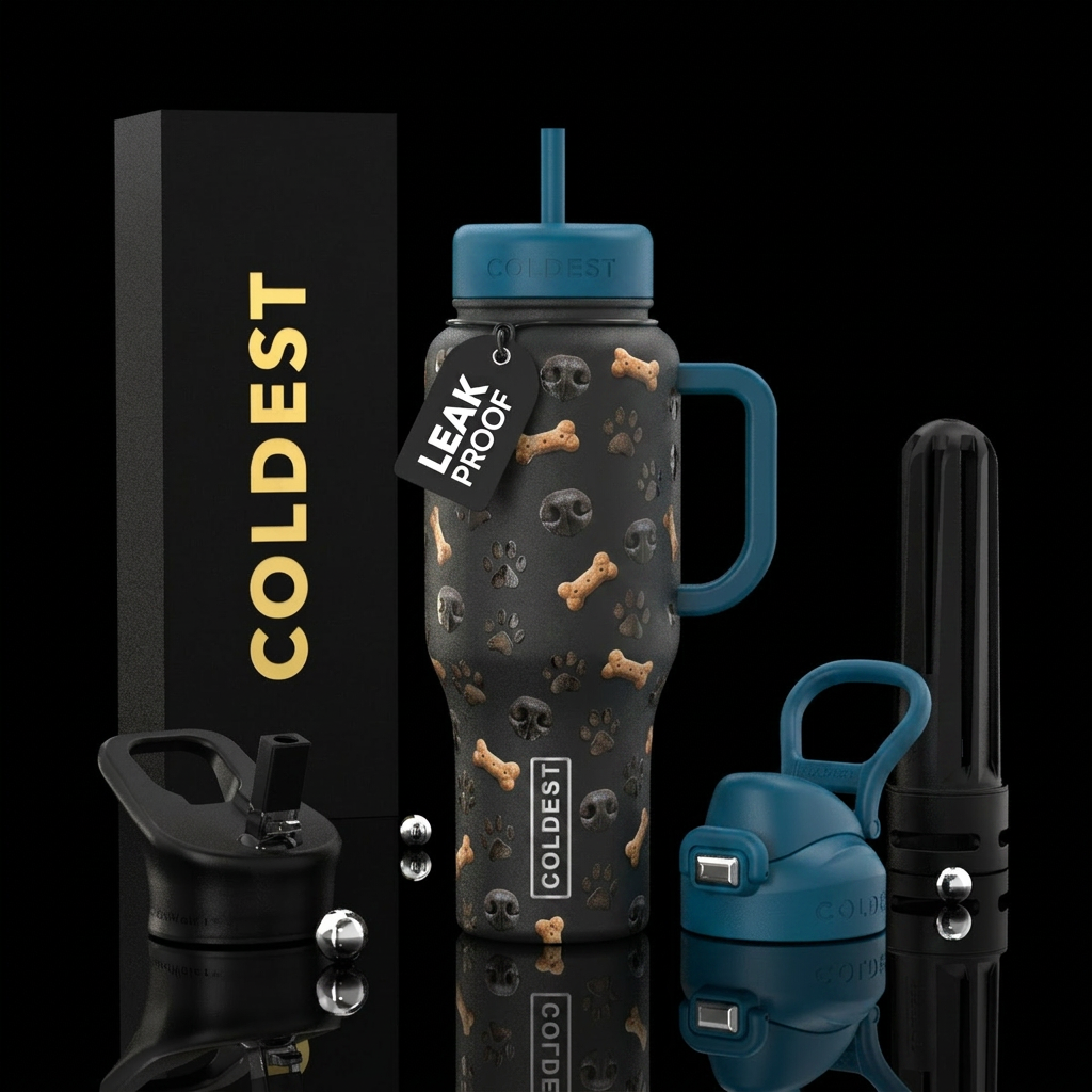Dog bone treats, paw prints, dog nose prints water bottle design