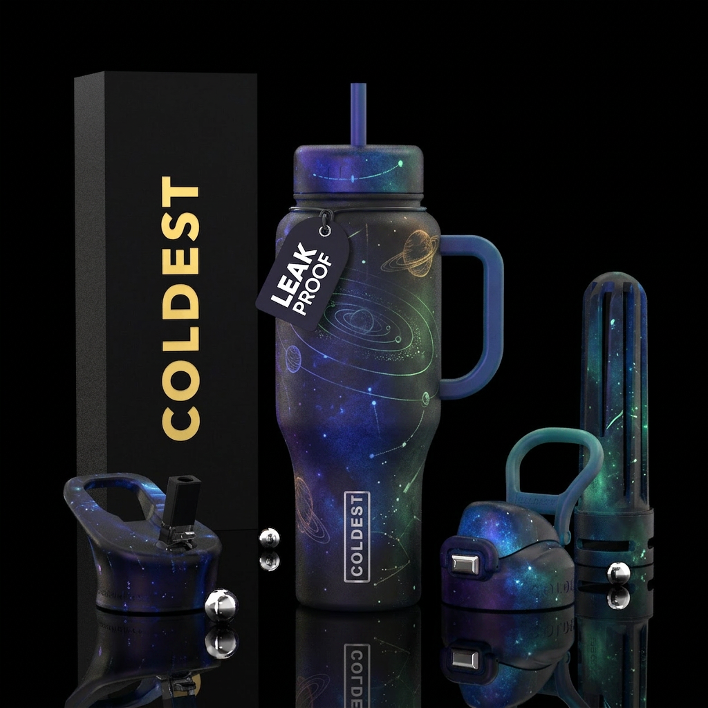 Time and space glow in the dark water bottle design