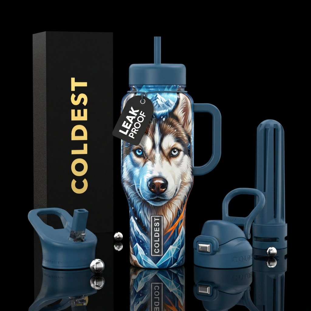 Husky two different color eyes water bottle design