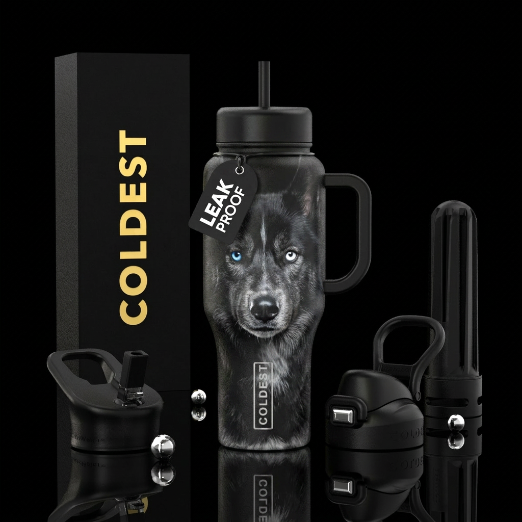 Black husky one white and one blue eye water bottle design