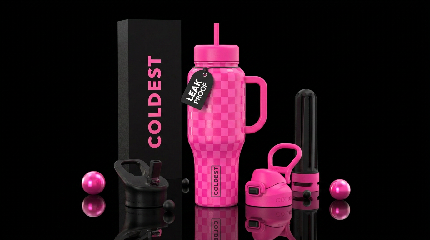 Hot pink checkered water bottle design