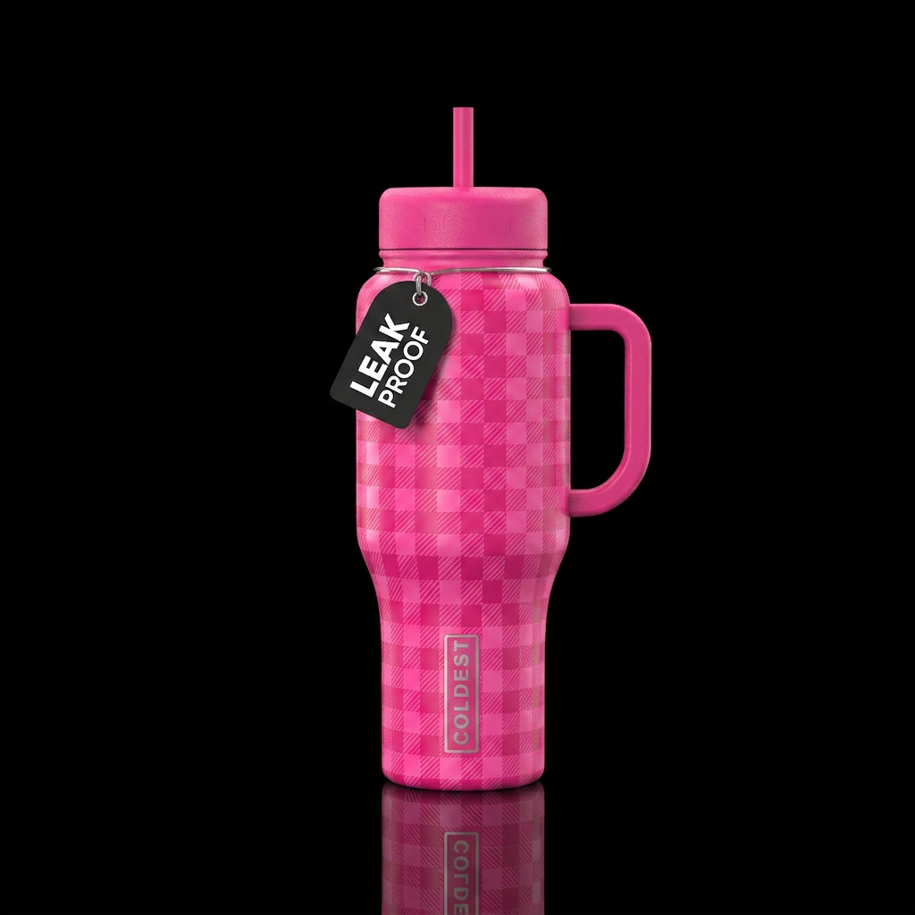 Hot pink checkered water bottle design