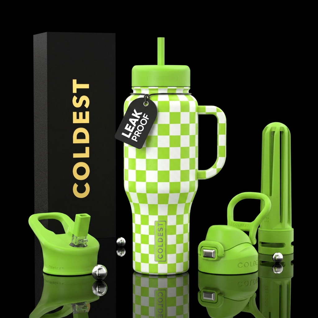 Lime green checkered water bottle design