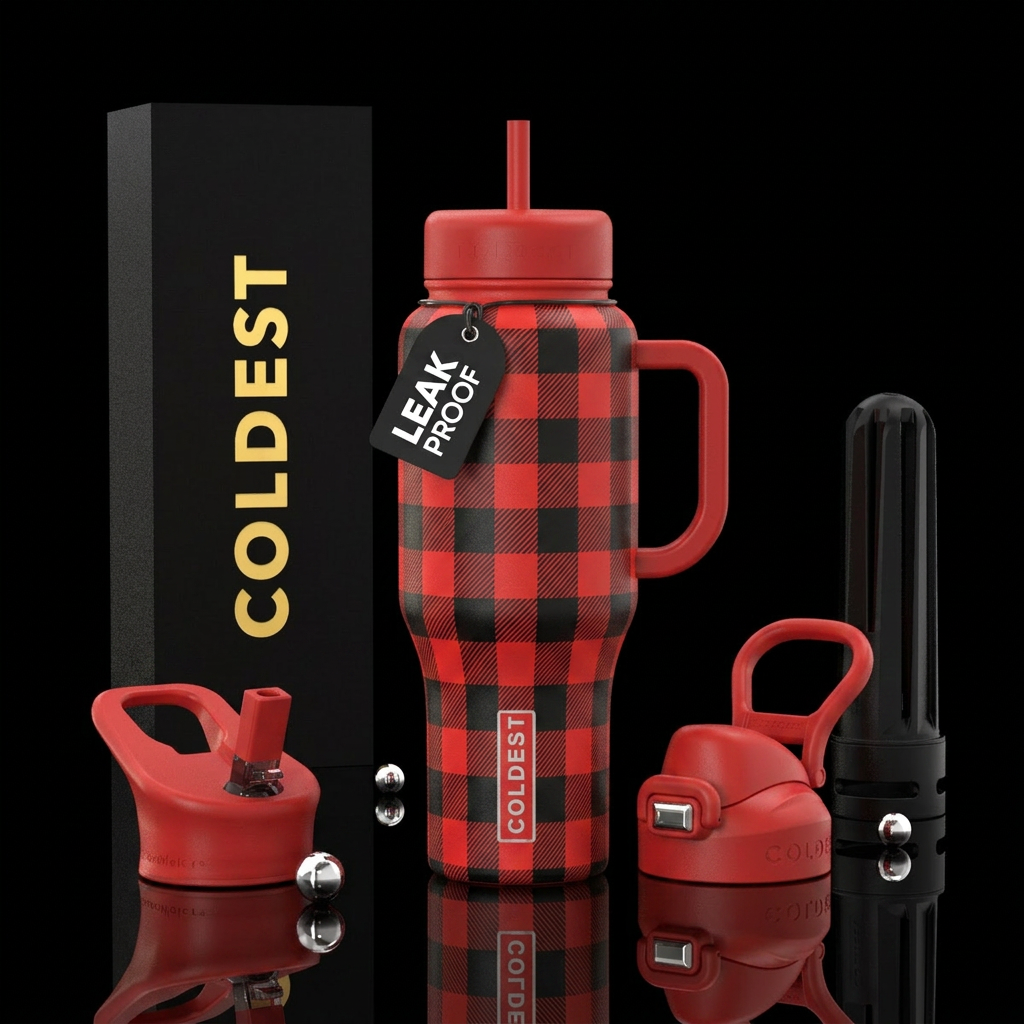 Red checkered water bottle design