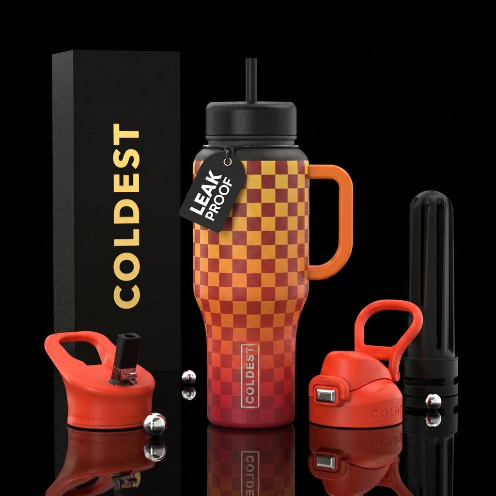 Orange yellow and red ombre checkered water bottle design