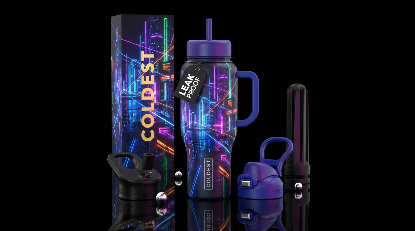 Futuristic architecture neon colors water bottle design