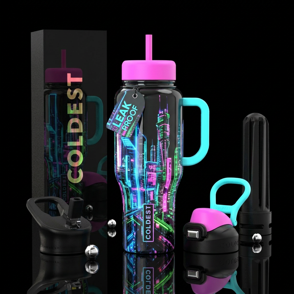 Futuristic architecture neon colors water bottle design