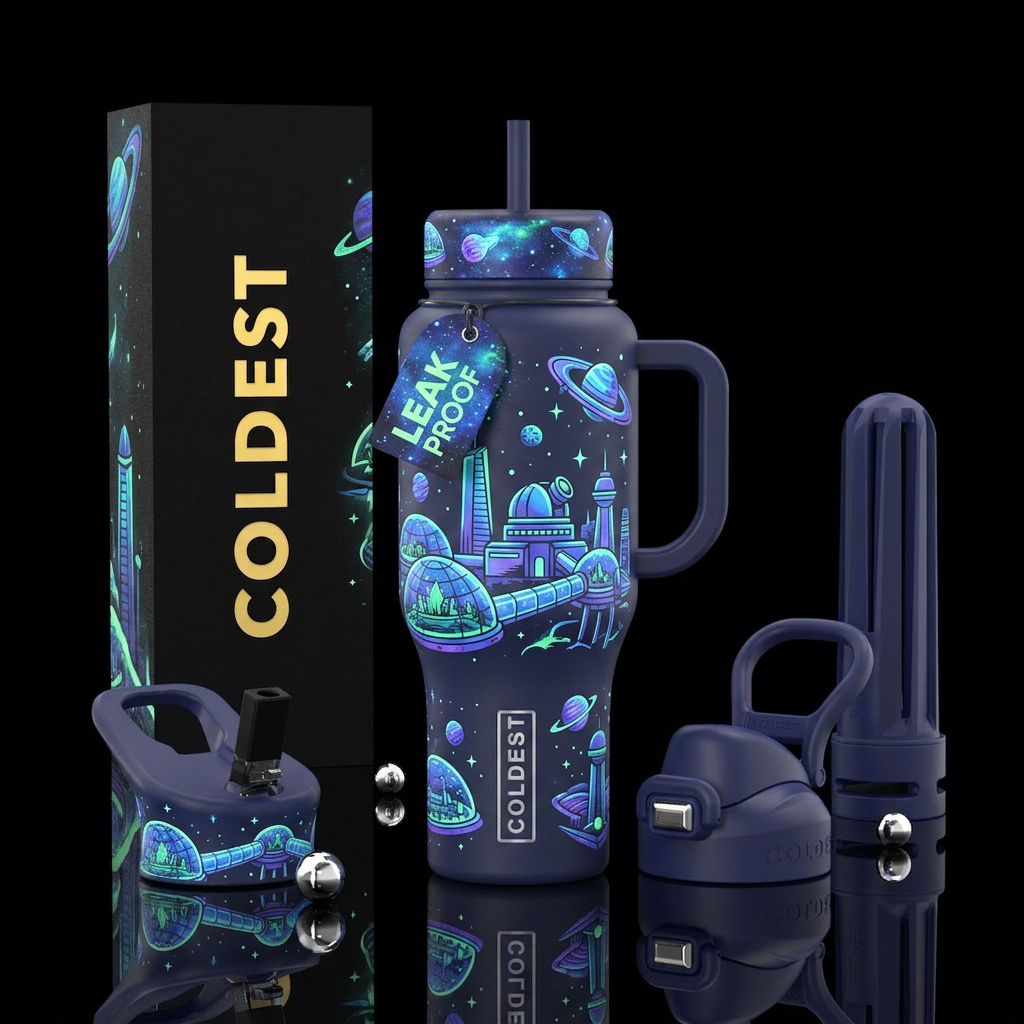 Glow in the dark space architecture water bottle design