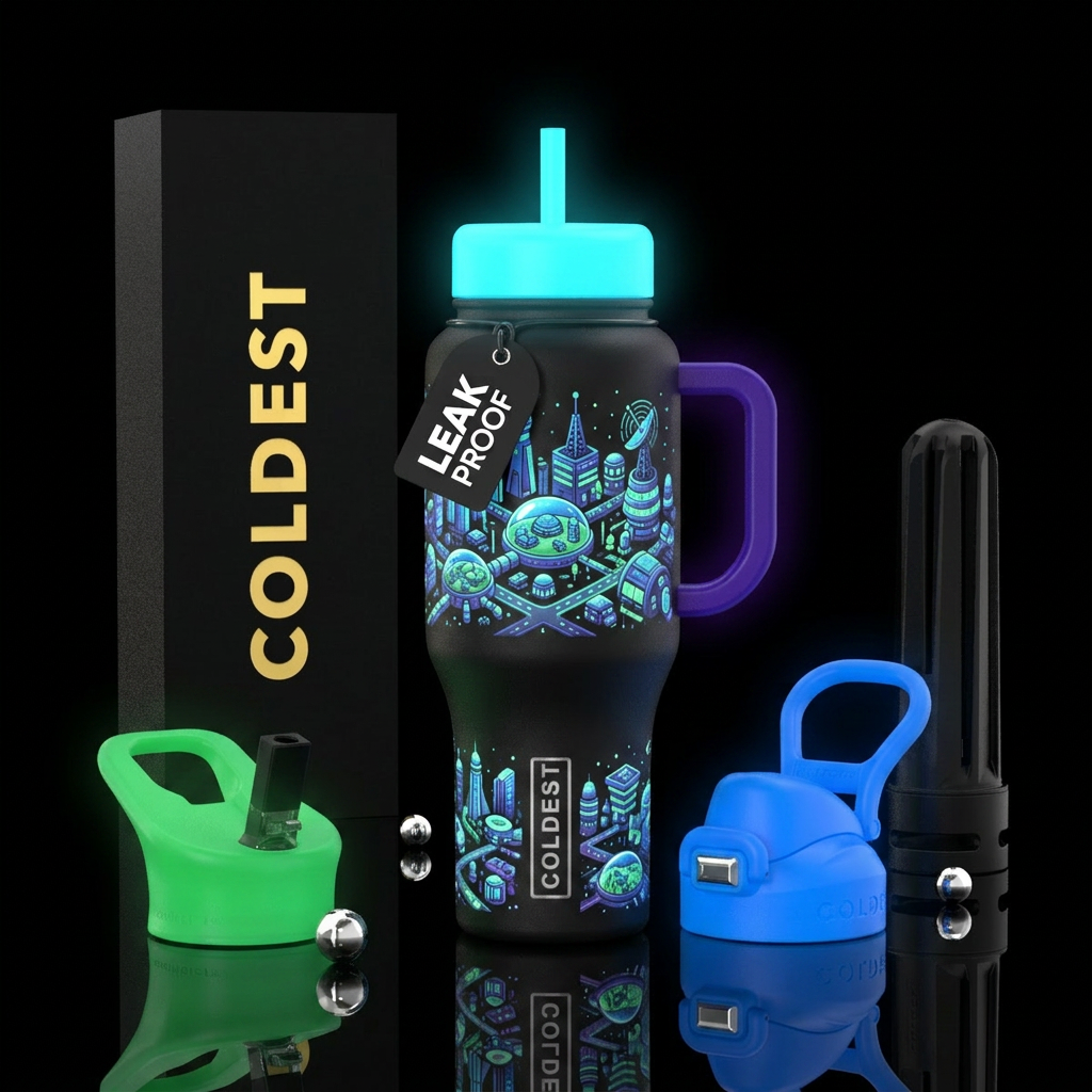 Glow in the dark space architecture water bottle design