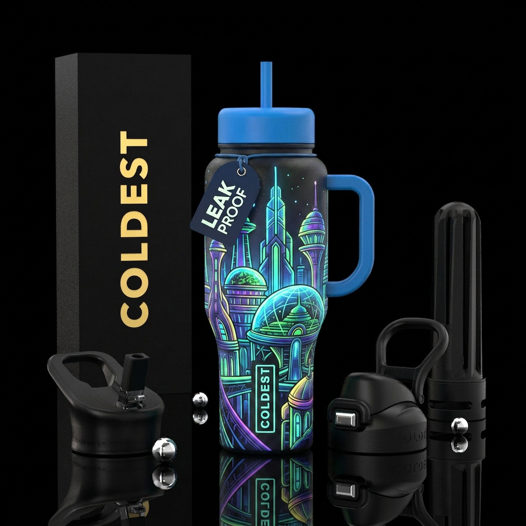 Glow in the dark space architecture water bottle design