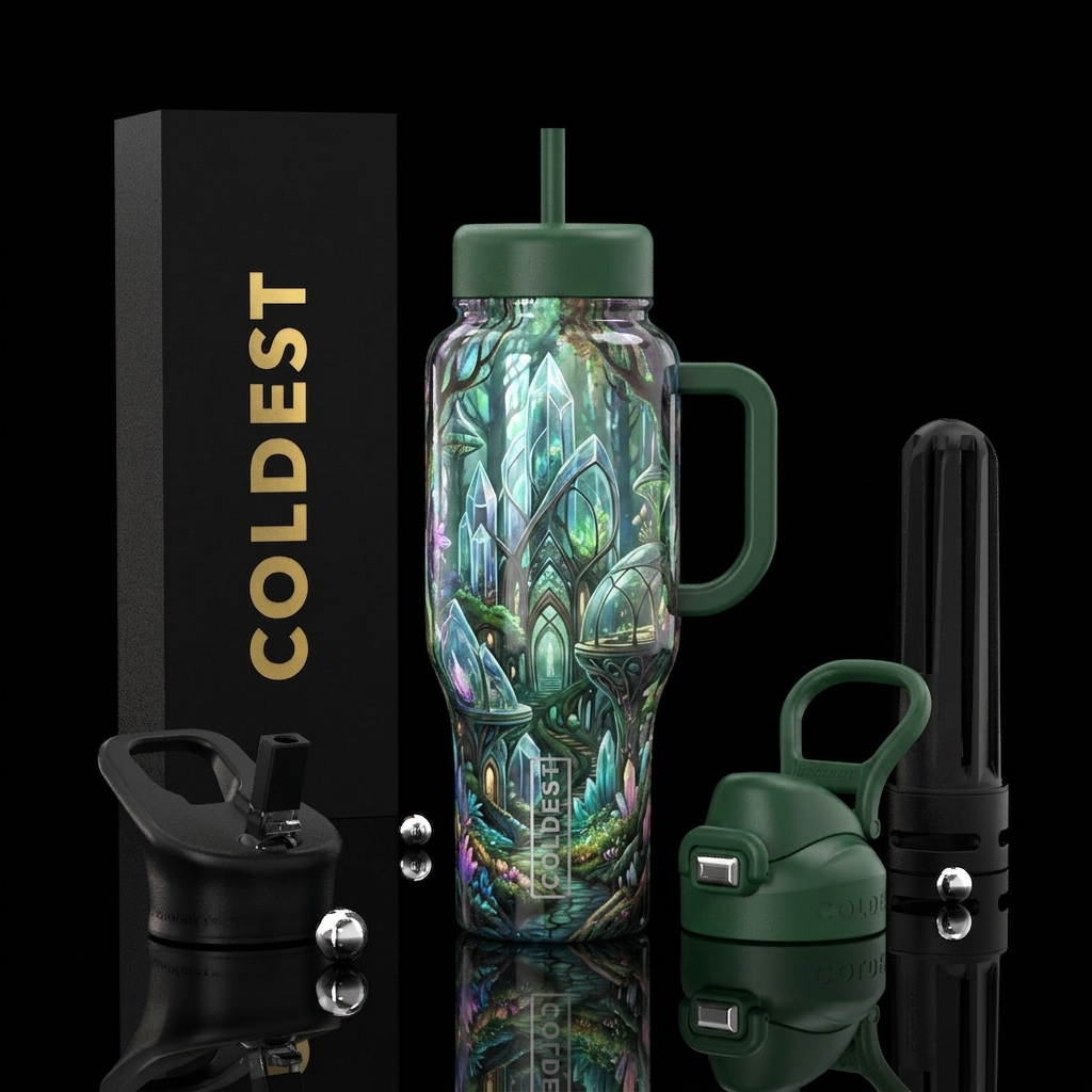 Futuristic architecture in enchanted forest water bottle design