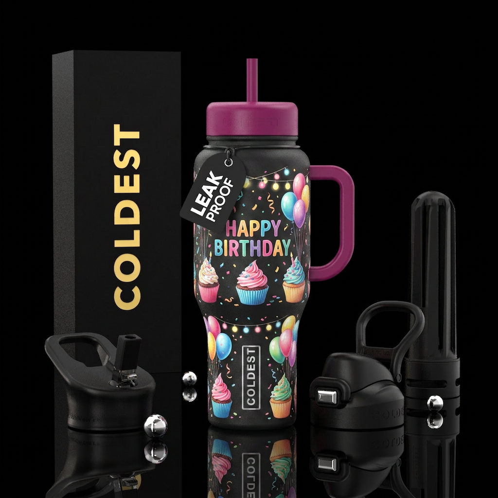 Cupcakes, balloons, birthday water bottle design